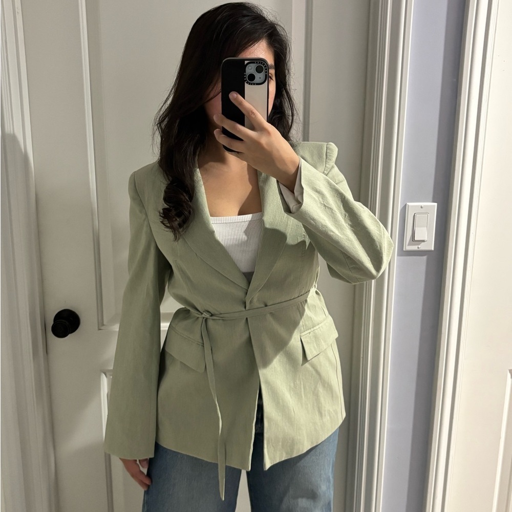 🍎🍎SOLD🍎🍎 ZARA SS24 WOMEN NARROW BELT Khaki GREEN BLAZER, Size: M NWT